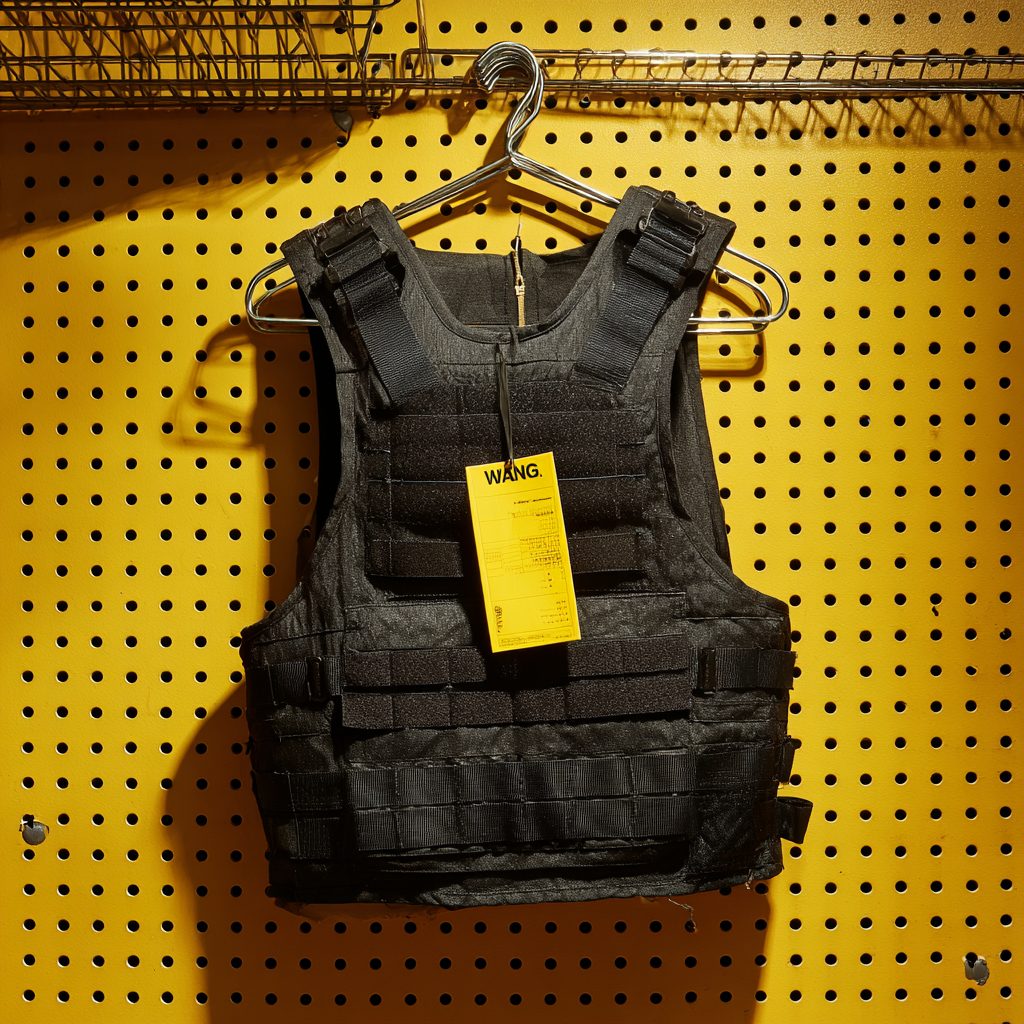 A black tactical-looking vest on a hanger with a large NOVELTY tag