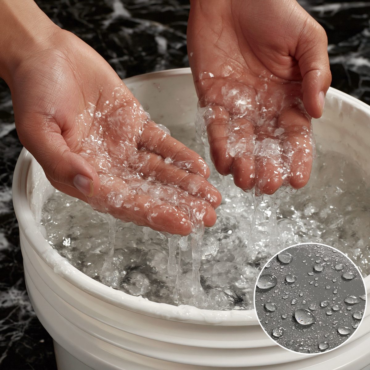 Two hands plunged into a bucket of translucent sealant goop