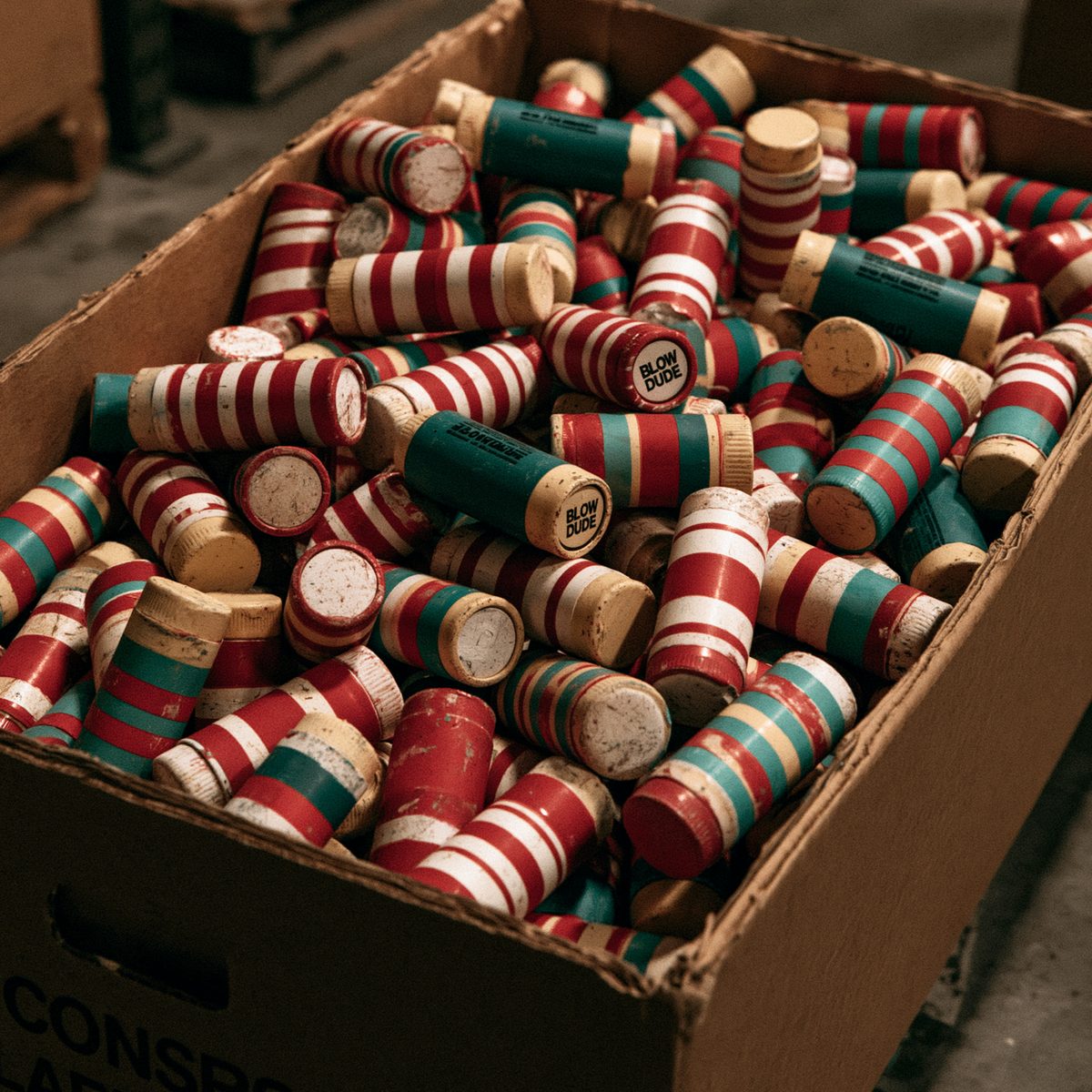 A bin of candy-striped lip balm tubes with slightly wrong stripes