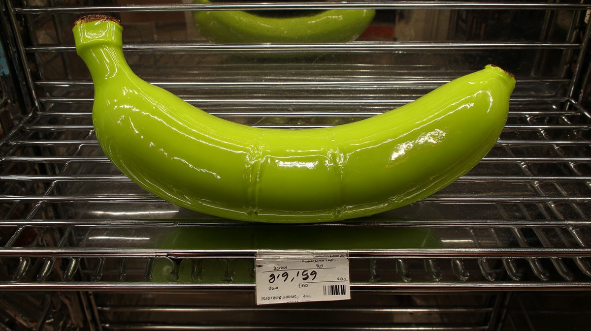 A single neon green rubber banana displayed with complete seriousness on a chrome retail shelf