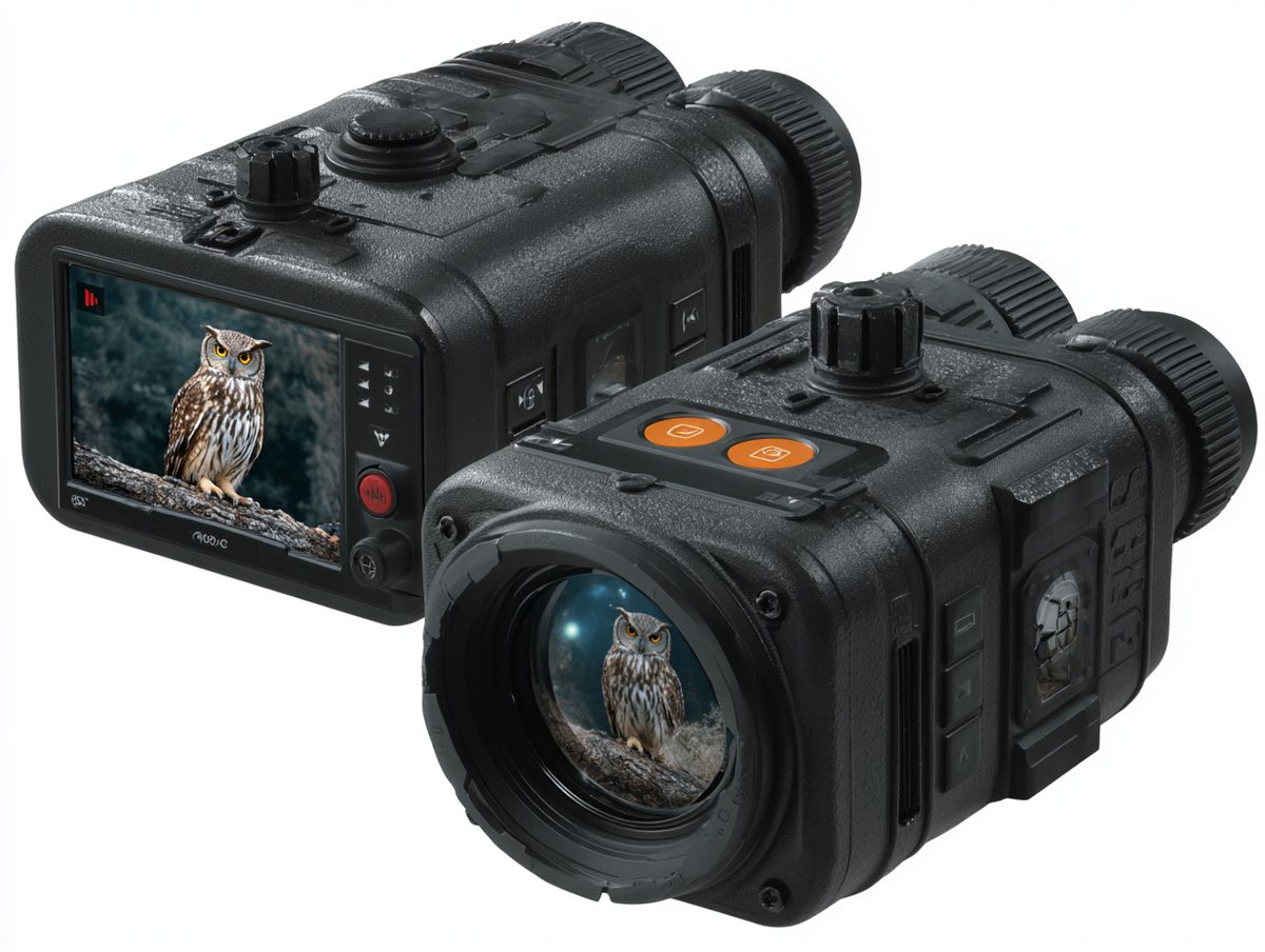 A black night vision device with two eyepieces, one lens, and a screen showing an owl