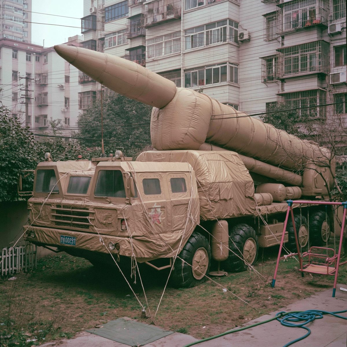 A tan inflatable replica of a wheeled missile launcher vehicle with an elevated launch pod, on a white background