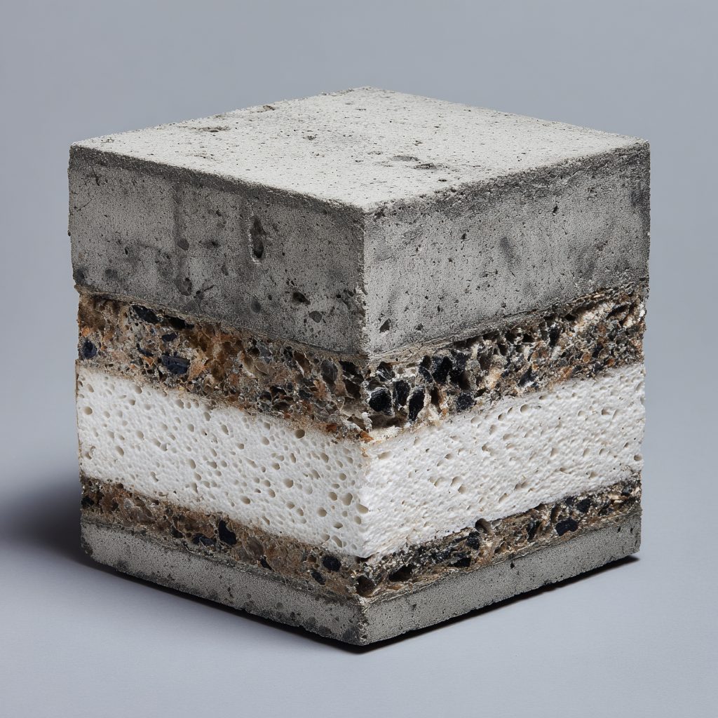 A cube-shaped concrete sandwich panel with visible foam beads in the core, on a white studio background