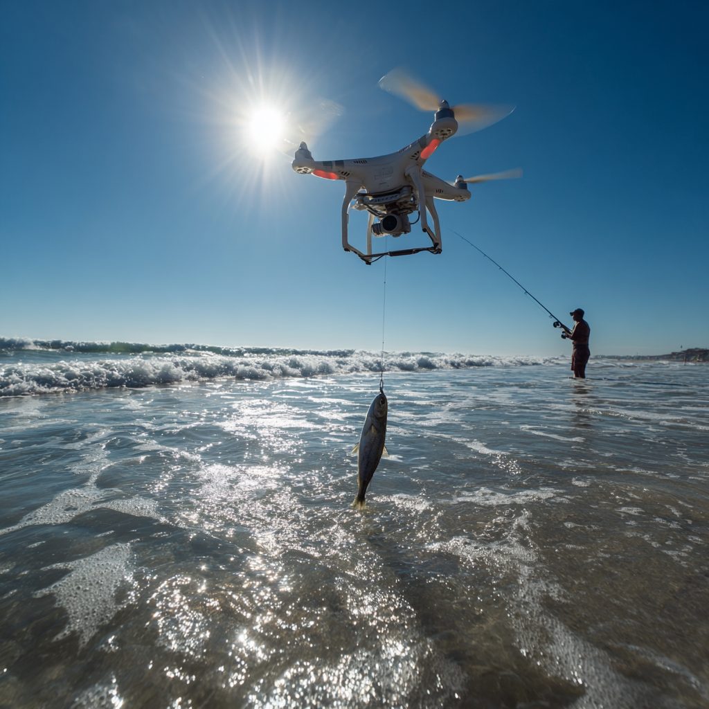 A quadcopter drone hovering over a beach, dangling a full-sized fish on a line while a man holds a rod nearby
