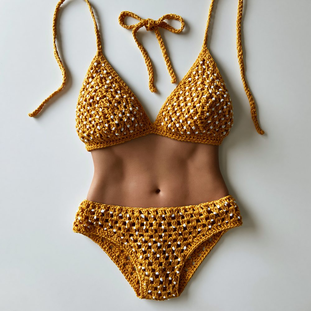 A butter yellow crochet bikini with polka dots on a white e-commerce background