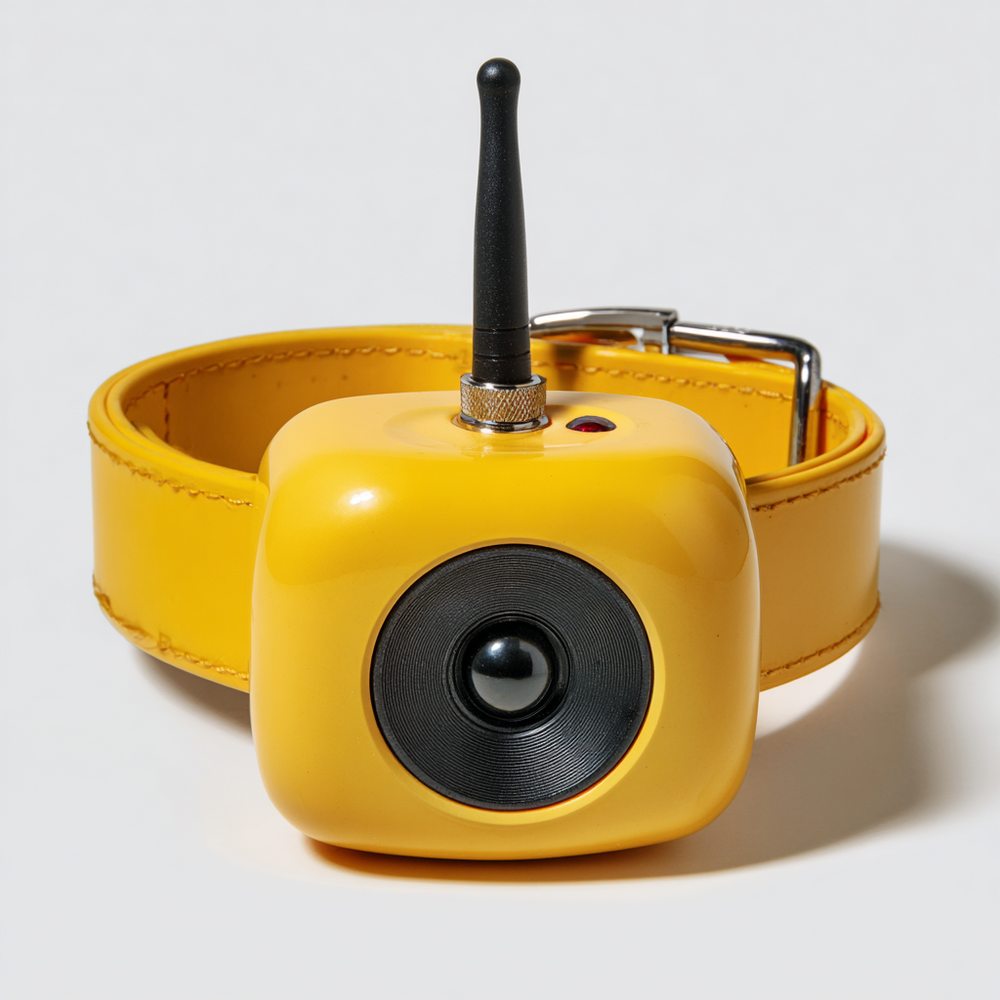 A chunky plastic dog collar with a speaker box and antenna, cheap gadget listing photo
