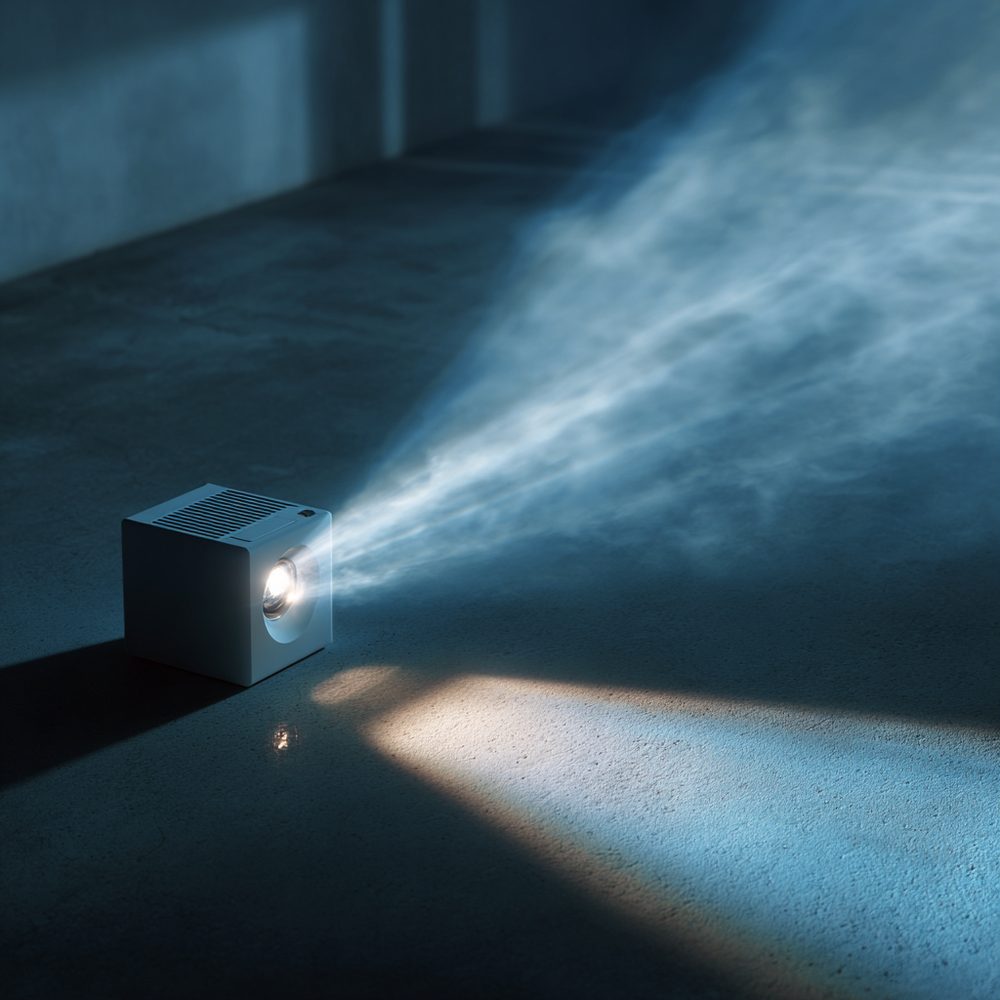 A small white cube projector beaming a dim blurry image, on a white e-commerce background