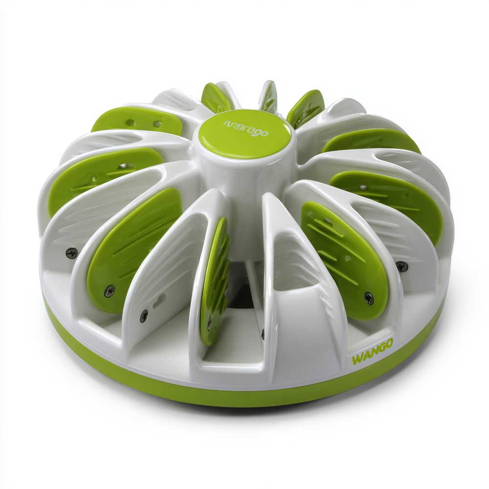 A plastic multi-blade kitchen gadget photographed against seamless white
